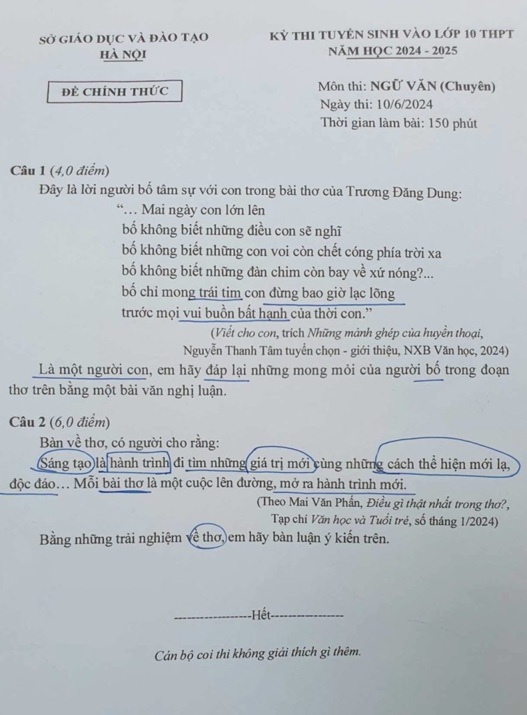 Đề Ngữ văn vào lớp 10 chuyên ở Hà Nội năm 2024