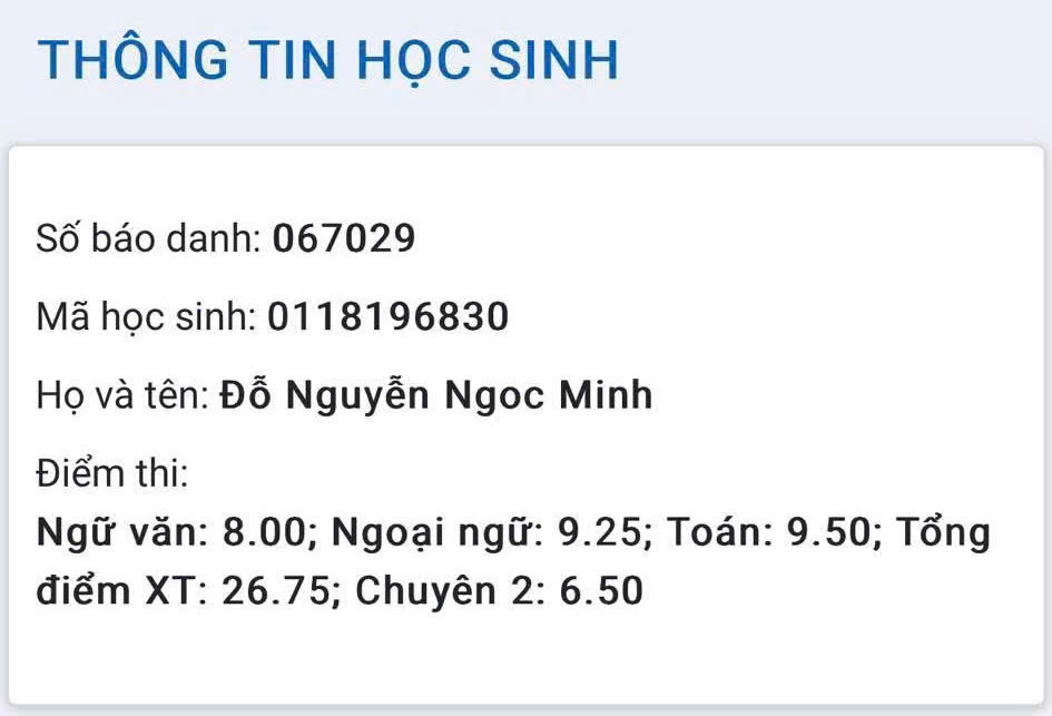 Kết quả thi vào lớp 10 của học sinh Ngọc Minh